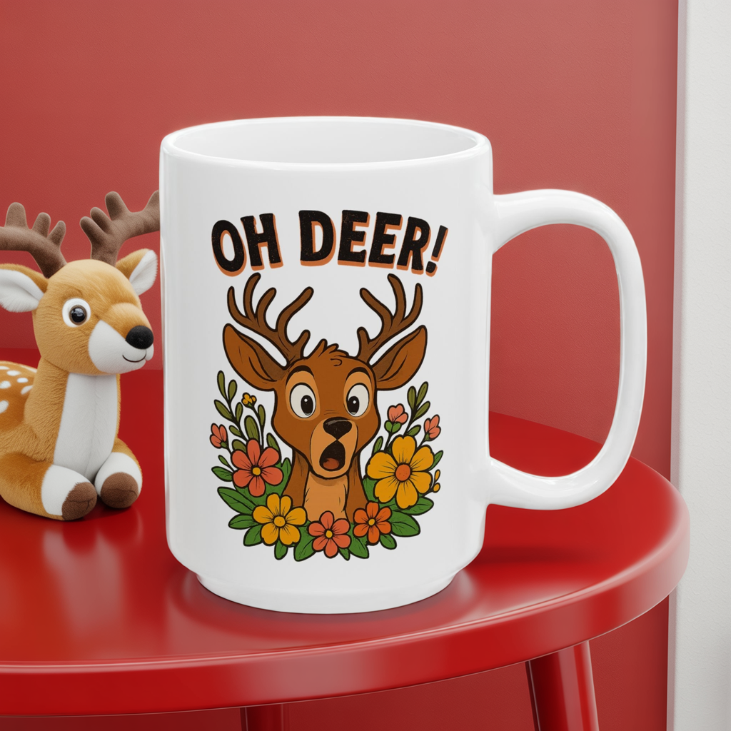 Funny Deer Coffee Mug | Oh Deer Cartoon Cup, Cute Animal Pun Gift, Nature Lover Tea Mug, Whimsical Flower Deer Cup for Wildlife Fans