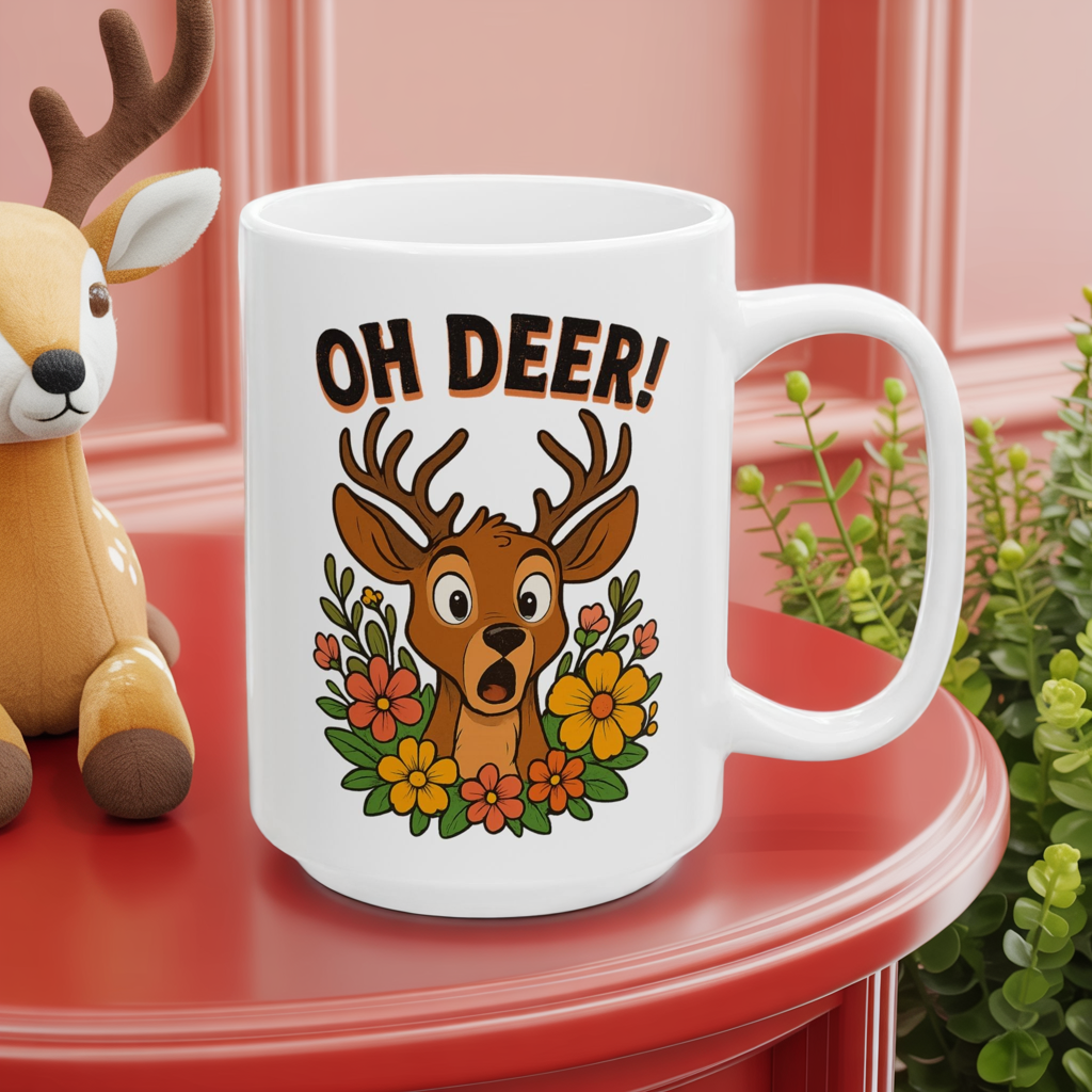 Funny Deer Coffee Mug | Oh Deer Cartoon Cup, Cute Animal Pun Gift, Nature Lover Tea Mug, Whimsical Flower Deer Cup for Wildlife Fans
