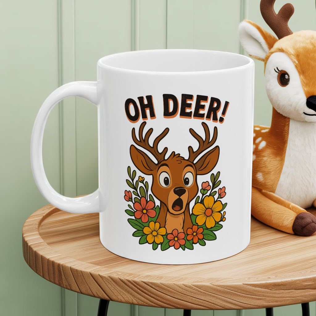 Funny Deer Coffee Mug | Oh Deer Cartoon Cup, Cute Animal Pun Gift, Nature Lover Tea Mug, Whimsical Flower Deer Cup for Wildlife Fans