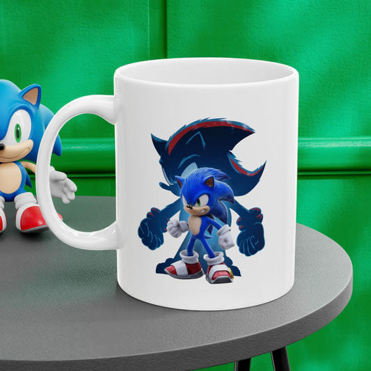 Blue Speed Hero Mug – Epic Gaming Hedgehog Coffee Cup with Dark Rival Silhouette – Video Game Inspired Gift for Fans & Collectors