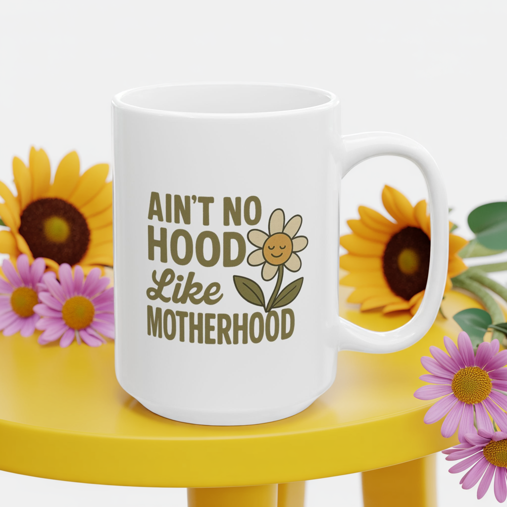 Funny Mom Mug – “Ain’t No Hood Like Motherhood” Coffee Cup | Cute Mother’s Day Gift, Baby Shower Present, New Mom Appreciation Mug