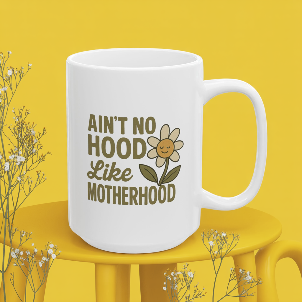 Funny Mom Mug – “Ain’t No Hood Like Motherhood” Coffee Cup | Cute Mother’s Day Gift, Baby Shower Present, New Mom Appreciation Mug