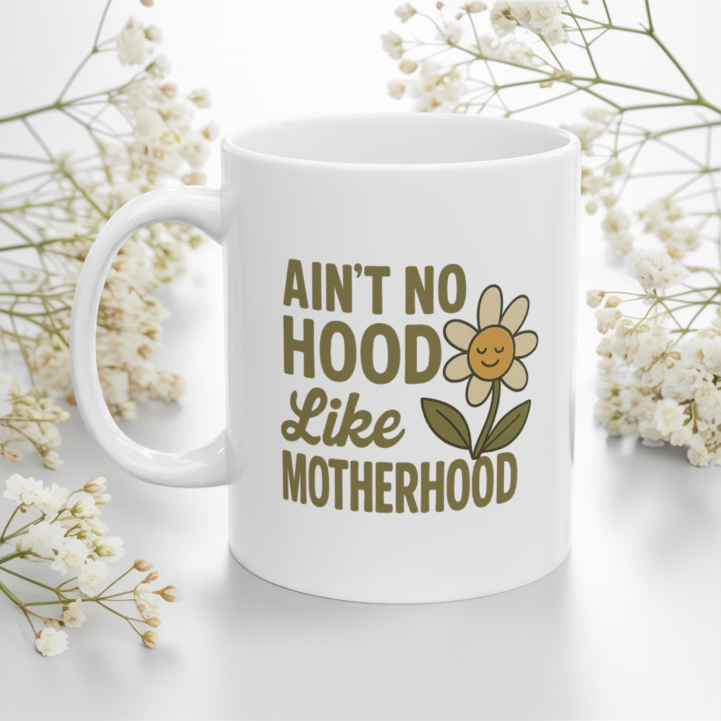 Funny Mom Mug – “Ain’t No Hood Like Motherhood” Coffee Cup | Cute Mother’s Day Gift, Baby Shower Present, New Mom Appreciation Mug