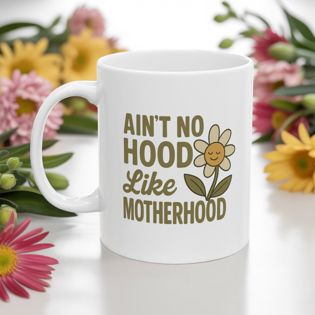 Funny Mom Mug – “Ain’t No Hood Like Motherhood” Coffee Cup | Cute Mother’s Day Gift, Baby Shower Present, New Mom Appreciation Mug