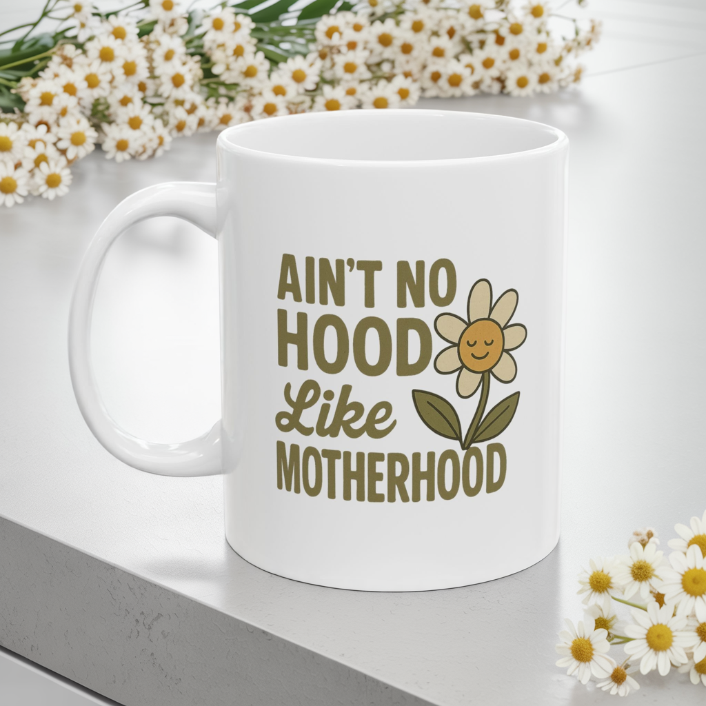 Funny Mom Mug – “Ain’t No Hood Like Motherhood” Coffee Cup | Cute Mother’s Day Gift, Baby Shower Present, New Mom Appreciation Mug