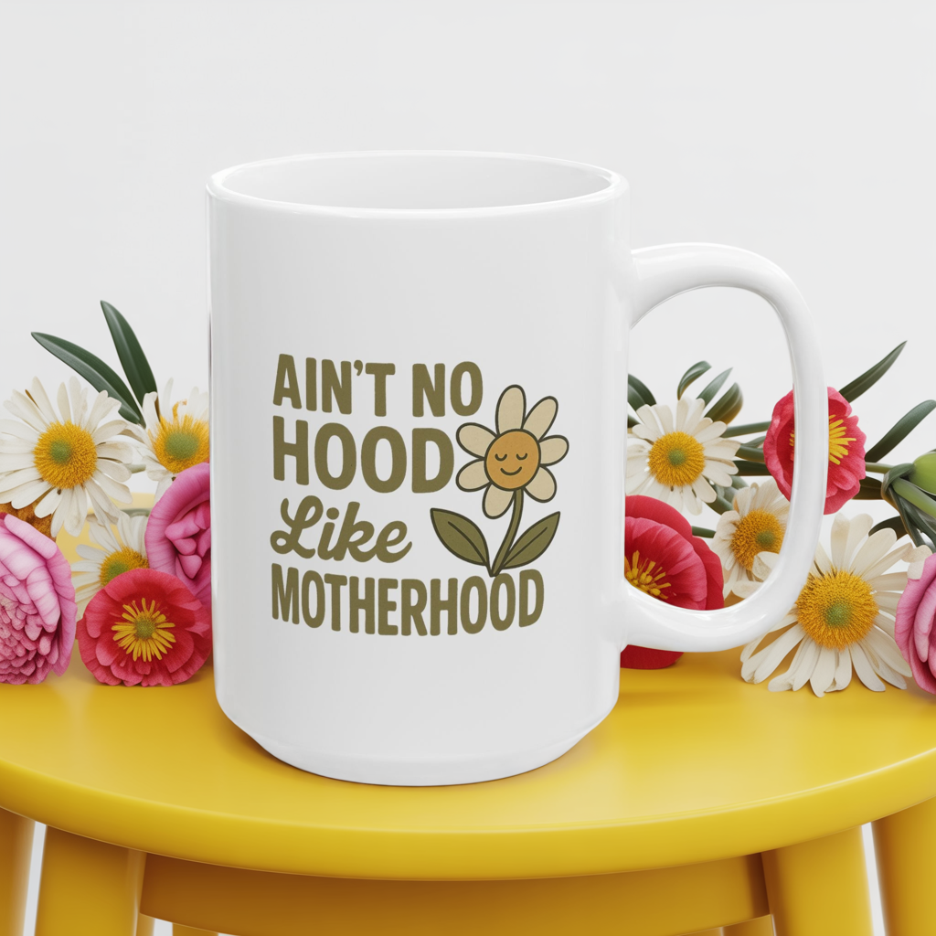 Funny Mom Mug – “Ain’t No Hood Like Motherhood” Coffee Cup | Cute Mother’s Day Gift, Baby Shower Present, New Mom Appreciation Mug