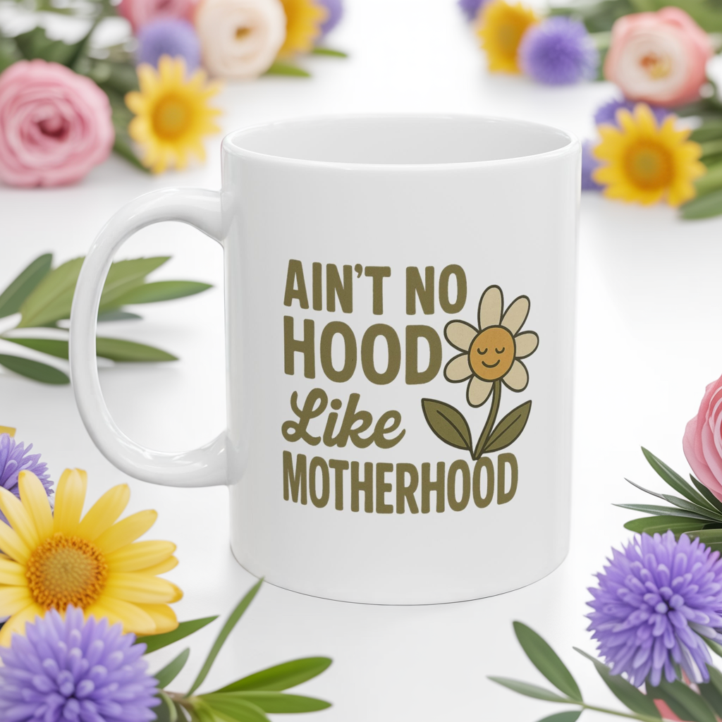 Funny Mom Mug – “Ain’t No Hood Like Motherhood” Coffee Cup | Cute Mother’s Day Gift, Baby Shower Present, New Mom Appreciation Mug