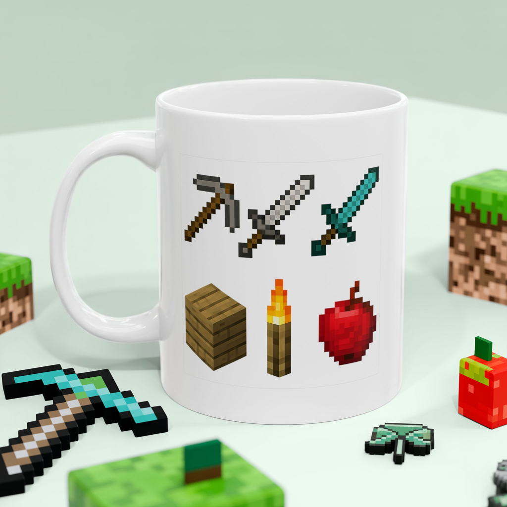 Pixel Survival Gamer Mug – Block Builder Adventure Coffee Cup with 8-Bit Tools, Swords, Torch & Apple | Funny Gaming Gift for Fans