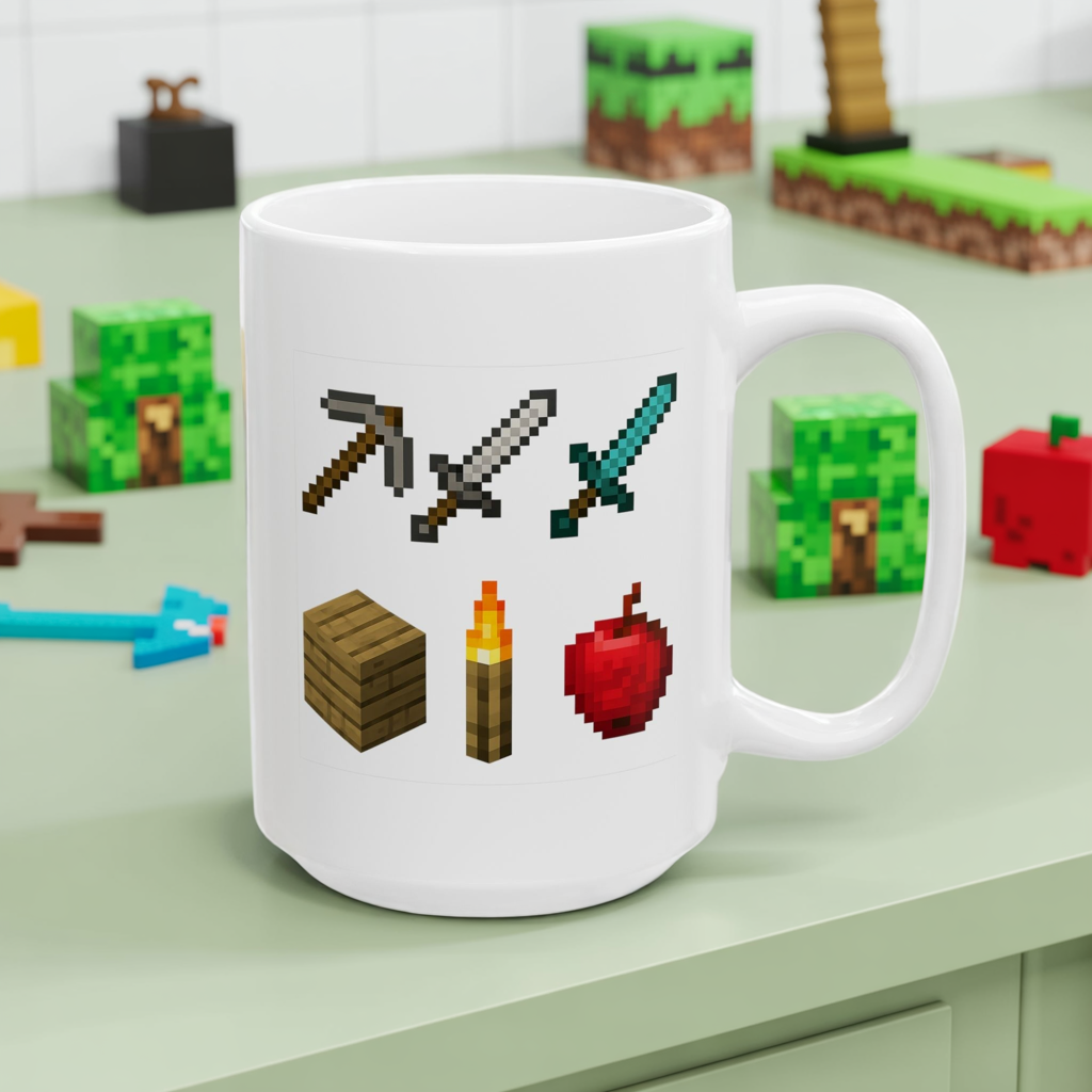 Pixel Survival Gamer Mug – Block Builder Adventure Coffee Cup with 8-Bit Tools, Swords, Torch & Apple | Funny Gaming Gift for Fans