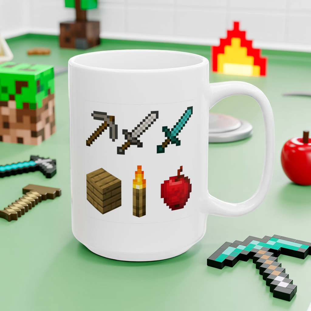 Pixel Survival Gamer Mug – Block Builder Adventure Coffee Cup with 8-Bit Tools, Swords, Torch & Apple | Funny Gaming Gift for Fans