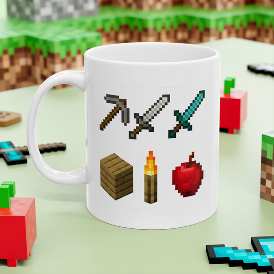 Pixel Survival Gamer Mug – Block Builder Adventure Coffee Cup with 8-Bit Tools, Swords, Torch & Apple | Funny Gaming Gift for Fans