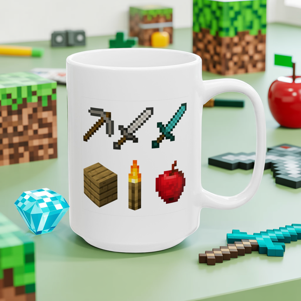 Pixel Survival Gamer Mug – Block Builder Adventure Coffee Cup with 8-Bit Tools, Swords, Torch & Apple | Funny Gaming Gift for Fans