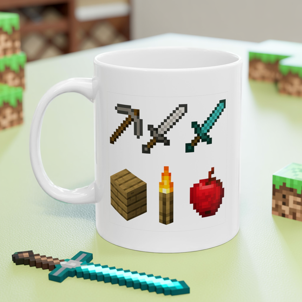 Pixel Survival Gamer Mug – Block Builder Adventure Coffee Cup with 8-Bit Tools, Swords, Torch & Apple | Funny Gaming Gift for Fans