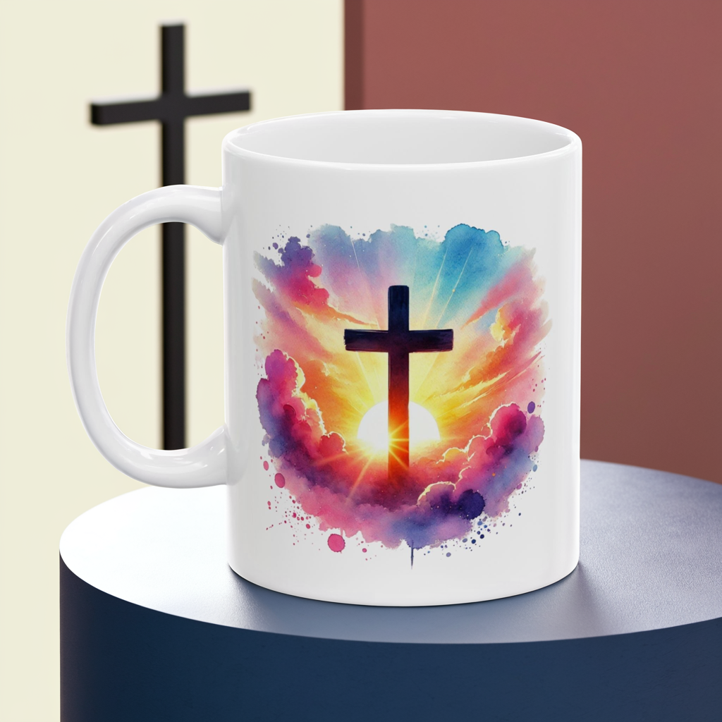 Christian Cross Sunrise Mug – Inspirational Faith Coffee Cup with Colorful Sky & Clouds, Religious Gift, Dishwasher Safe Prayer Mug