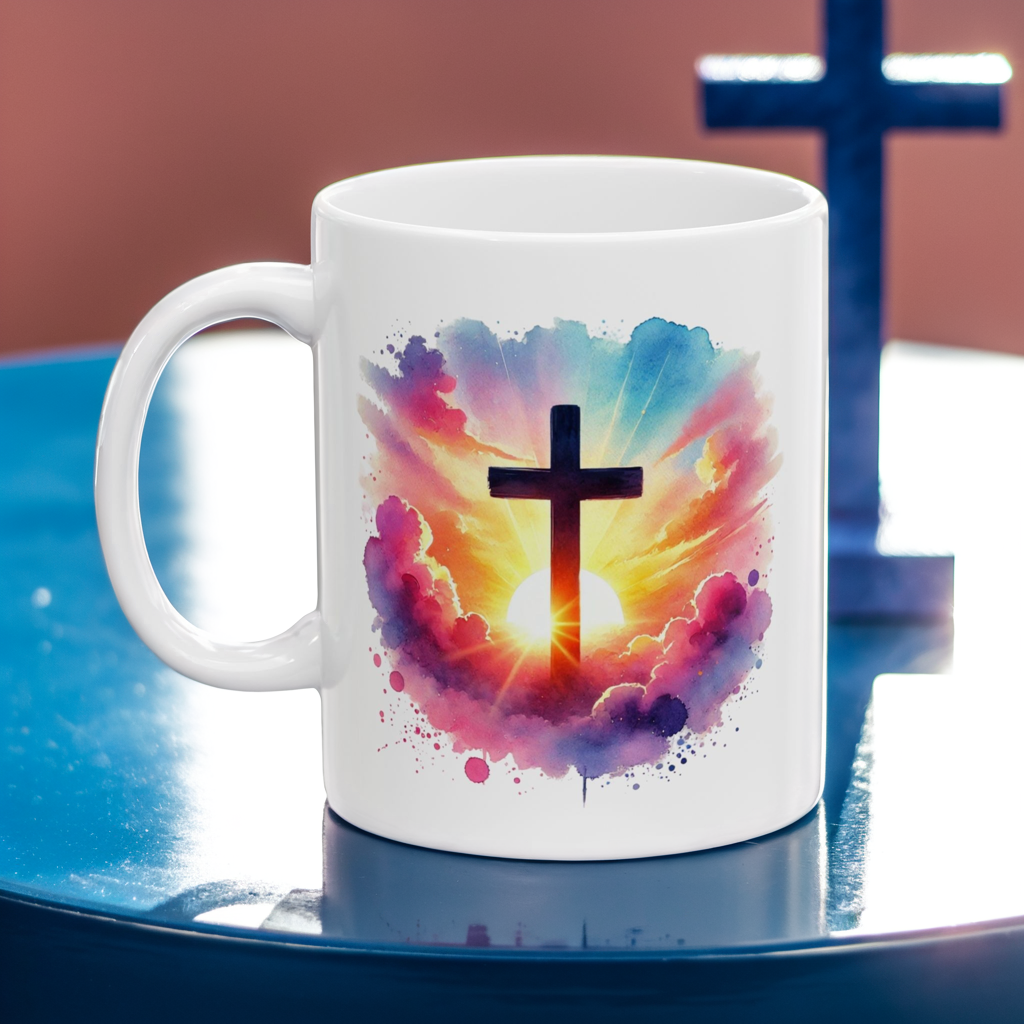 Christian Cross Sunrise Mug – Inspirational Faith Coffee Cup with Colorful Sky & Clouds, Religious Gift, Dishwasher Safe Prayer Mug