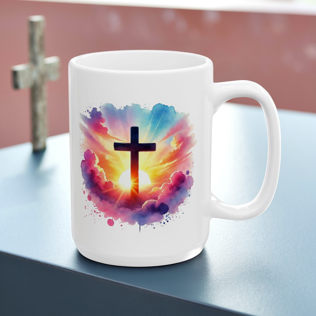 Christian Cross Sunrise Mug – Inspirational Faith Coffee Cup with Colorful Sky & Clouds, Religious Gift, Dishwasher Safe Prayer Mug