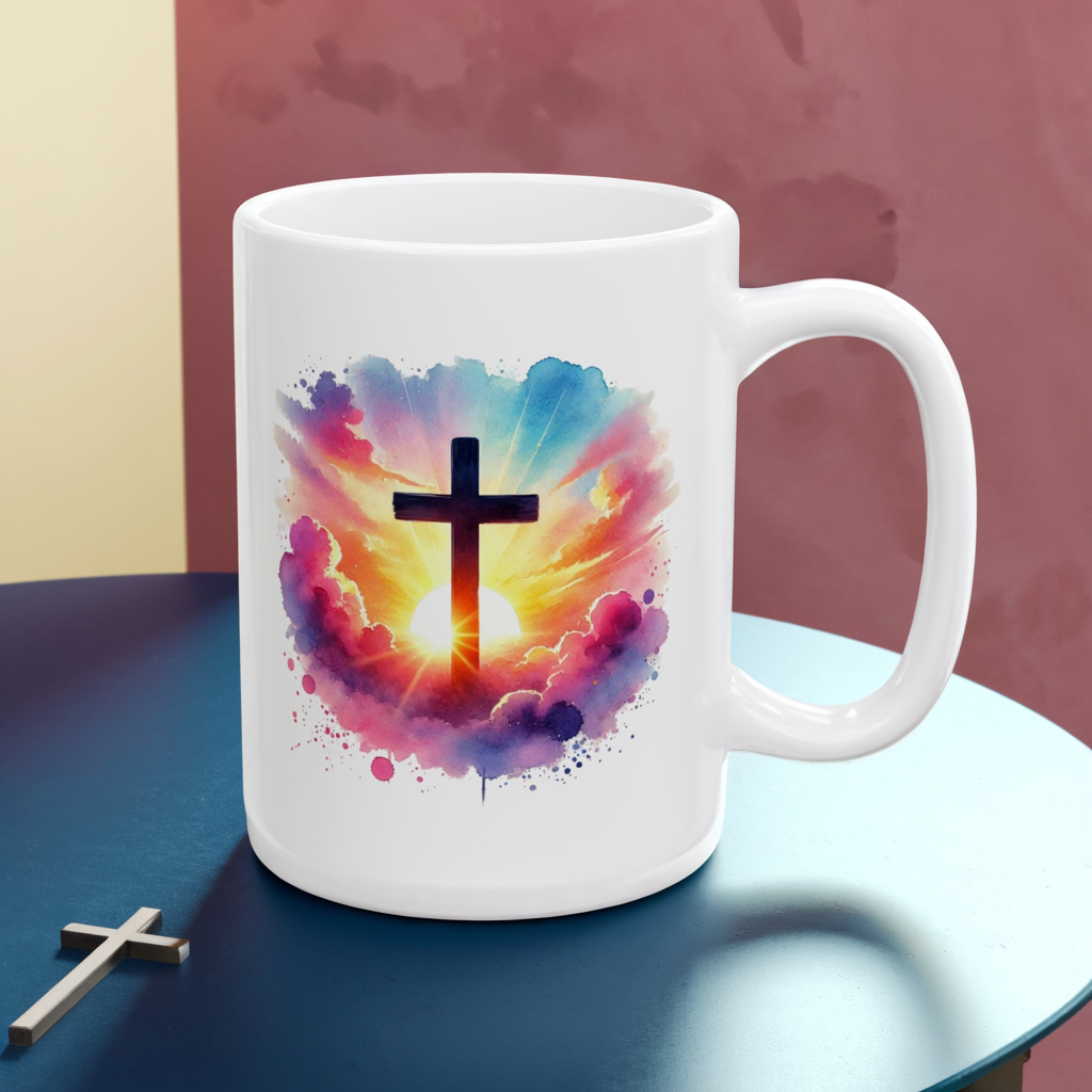 Christian Cross Sunrise Mug – Inspirational Faith Coffee Cup with Colorful Sky & Clouds, Religious Gift, Dishwasher Safe Prayer Mug