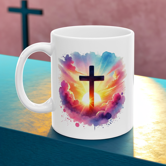 Christian Cross Sunrise Mug – Inspirational Faith Coffee Cup with Colorful Sky & Clouds, Religious Gift, Dishwasher Safe Prayer Mug