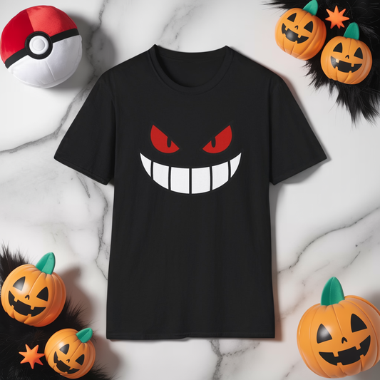 Spooky Grin Face T-Shirt - Creepy Ghost Smile Graphic Tee - Dark Humor Unisex Shirt - Anime Monster Style Funny Top