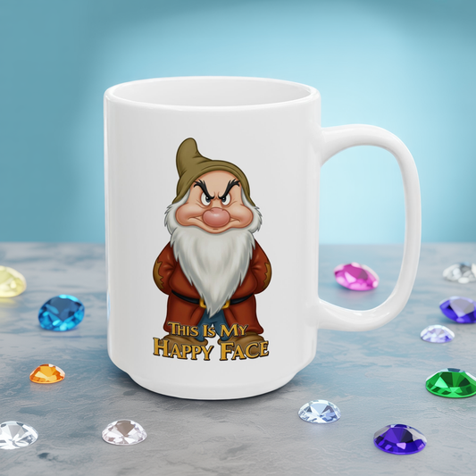 Funny Grumpy Gnome Mug – “This Is My Happy Face” Coffee Cup, Dishwasher Safe Ceramic, Hilarious Gift for Coffee Lovers & Office Humor