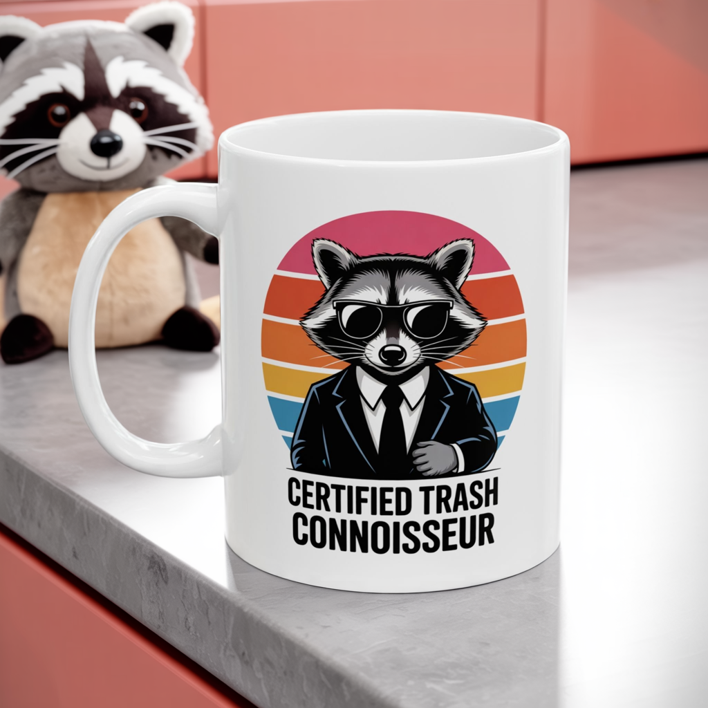 Certified Trash Connoisseur Raccoon Mug – Funny Coffee Cup, Dishwasher Safe Ceramic, Hilarious Animal Humor Gift for Coffee Lovers