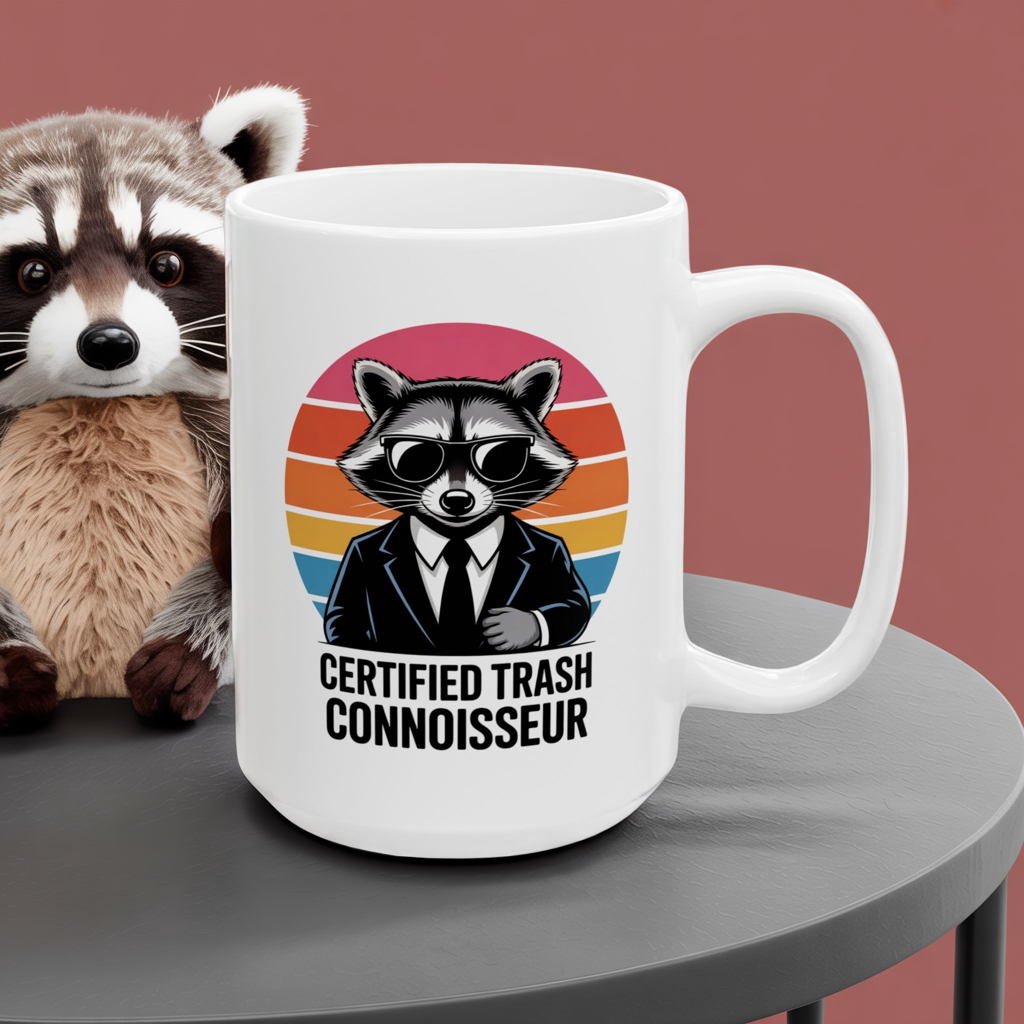 Certified Trash Connoisseur Raccoon Mug – Funny Coffee Cup, Dishwasher Safe Ceramic, Hilarious Animal Humor Gift for Coffee Lovers