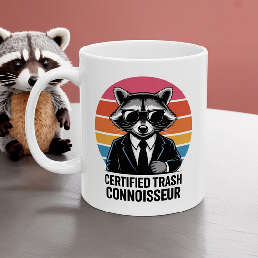 Certified Trash Connoisseur Raccoon Mug – Funny Coffee Cup, Dishwasher Safe Ceramic, Hilarious Animal Humor Gift for Coffee Lovers