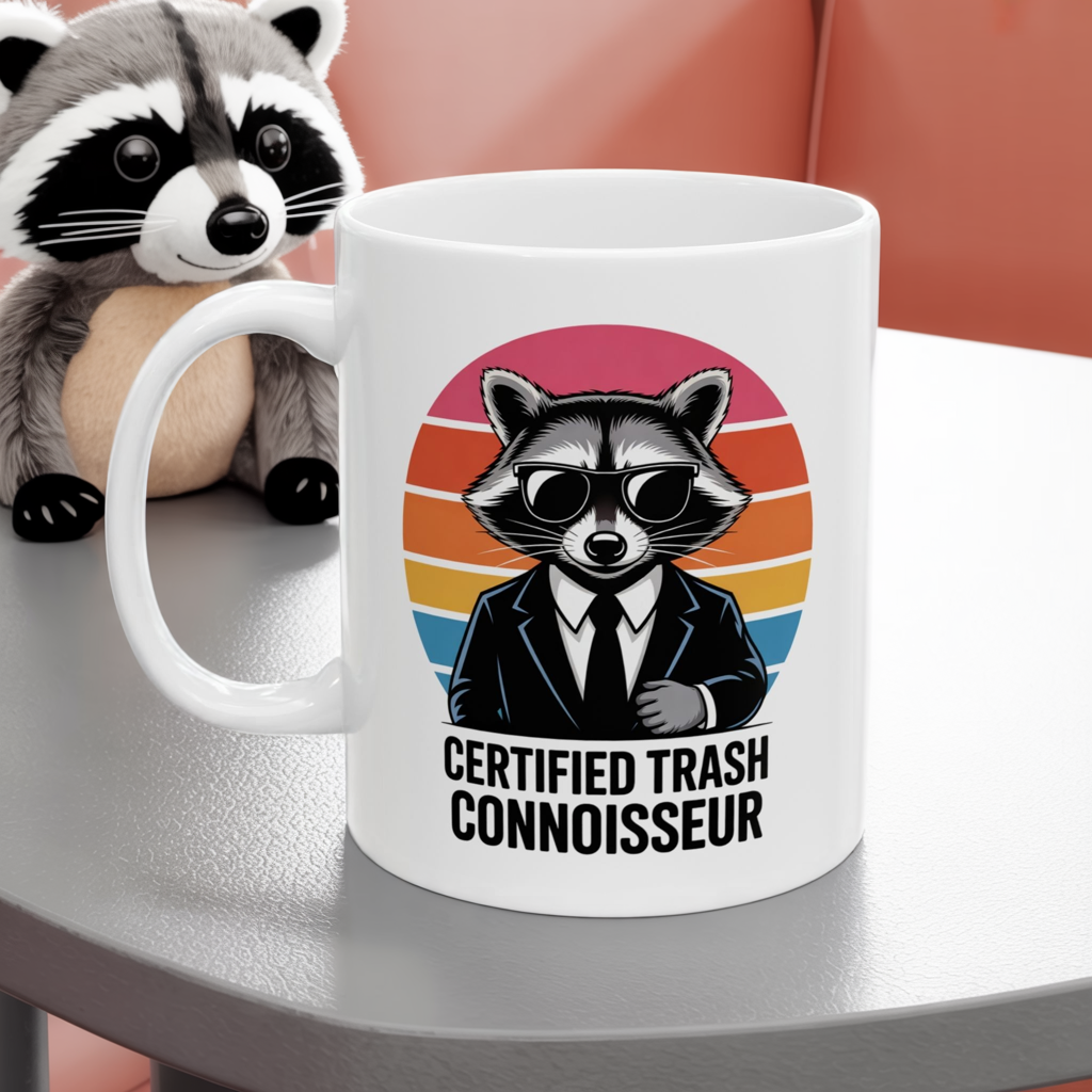 Certified Trash Connoisseur Raccoon Mug – Funny Coffee Cup, Dishwasher Safe Ceramic, Hilarious Animal Humor Gift for Coffee Lovers