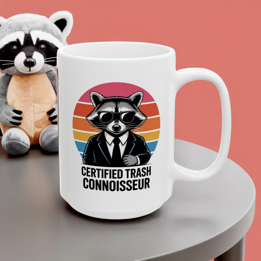 Certified Trash Connoisseur Raccoon Mug – Funny Coffee Cup, Dishwasher Safe Ceramic, Hilarious Animal Humor Gift for Coffee Lovers