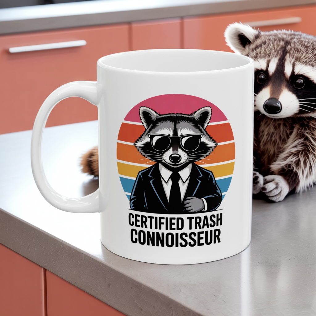 Certified Trash Connoisseur Raccoon Mug – Funny Coffee Cup, Dishwasher Safe Ceramic, Hilarious Animal Humor Gift for Coffee Lovers