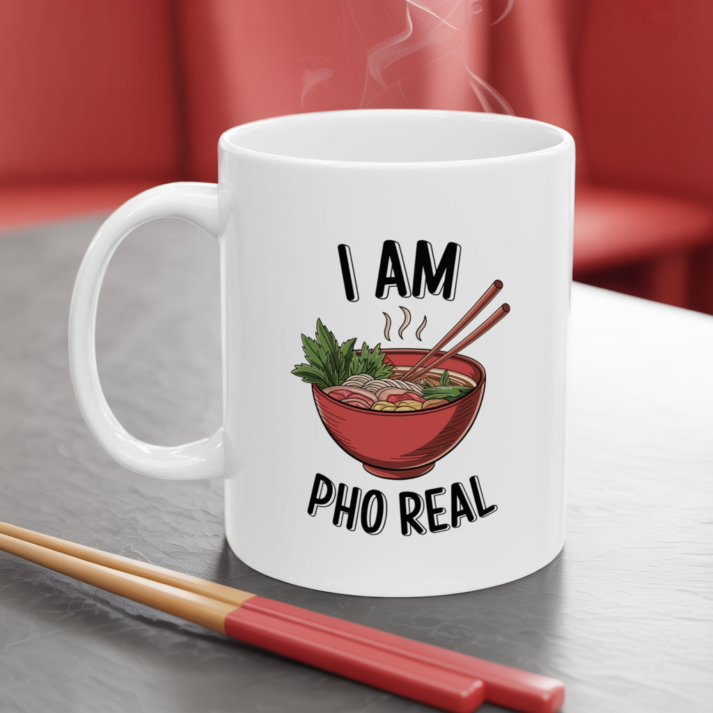 I Am Pho Real Funny Mug – Food Pun Coffee Cup, Dishwasher Safe Ceramic, Hilarious Gift for Pho Lovers, Foodies, Coworkers & Friends