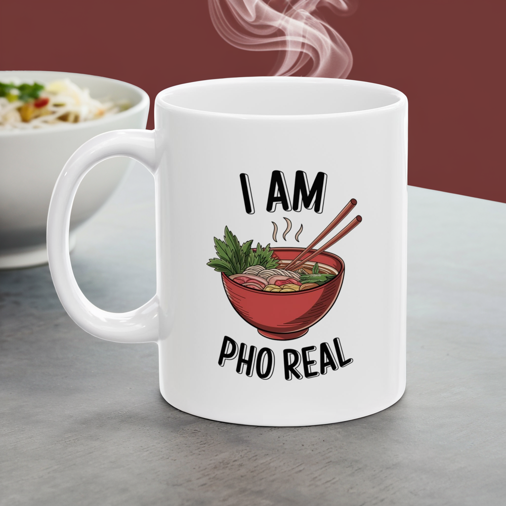 I Am Pho Real Funny Mug – Food Pun Coffee Cup, Dishwasher Safe Ceramic, Hilarious Gift for Pho Lovers, Foodies, Coworkers & Friends