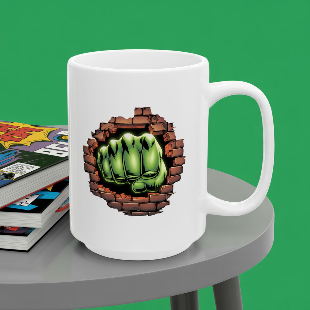Smash Fist Mug – Green Fist Punching Through Wall Coffee Cup, Superhero Inspired Design, Dishwasher Safe, Funny Gift for Fans & Coffee Lovers