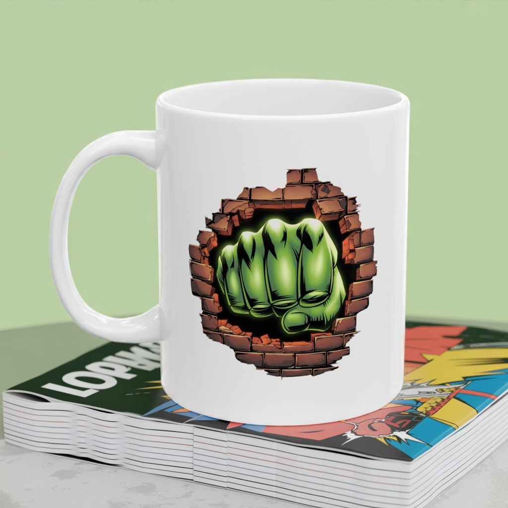 Smash Fist Mug – Green Fist Punching Through Wall Coffee Cup, Superhero Inspired Design, Dishwasher Safe, Funny Gift for Fans & Coffee Lovers