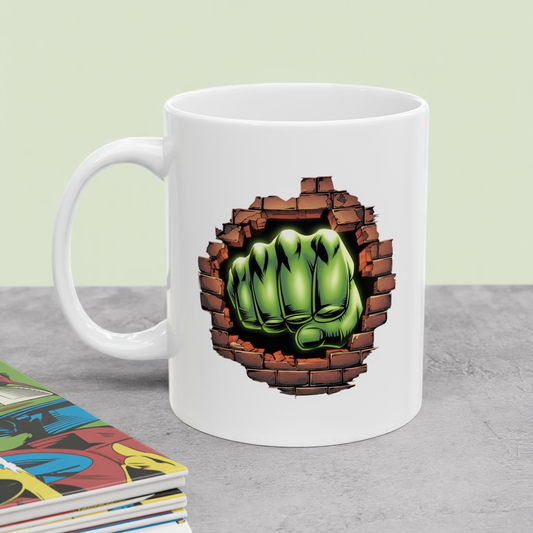 Smash Fist Mug – Green Fist Punching Through Wall Coffee Cup, Superhero Inspired Design, Dishwasher Safe, Funny Gift for Fans & Coffee Lovers