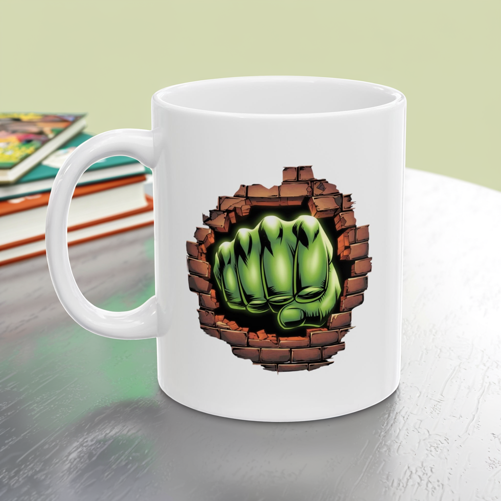 Smash Fist Mug – Green Fist Punching Through Wall Coffee Cup, Superhero Inspired Design, Dishwasher Safe, Funny Gift for Fans & Coffee Lovers