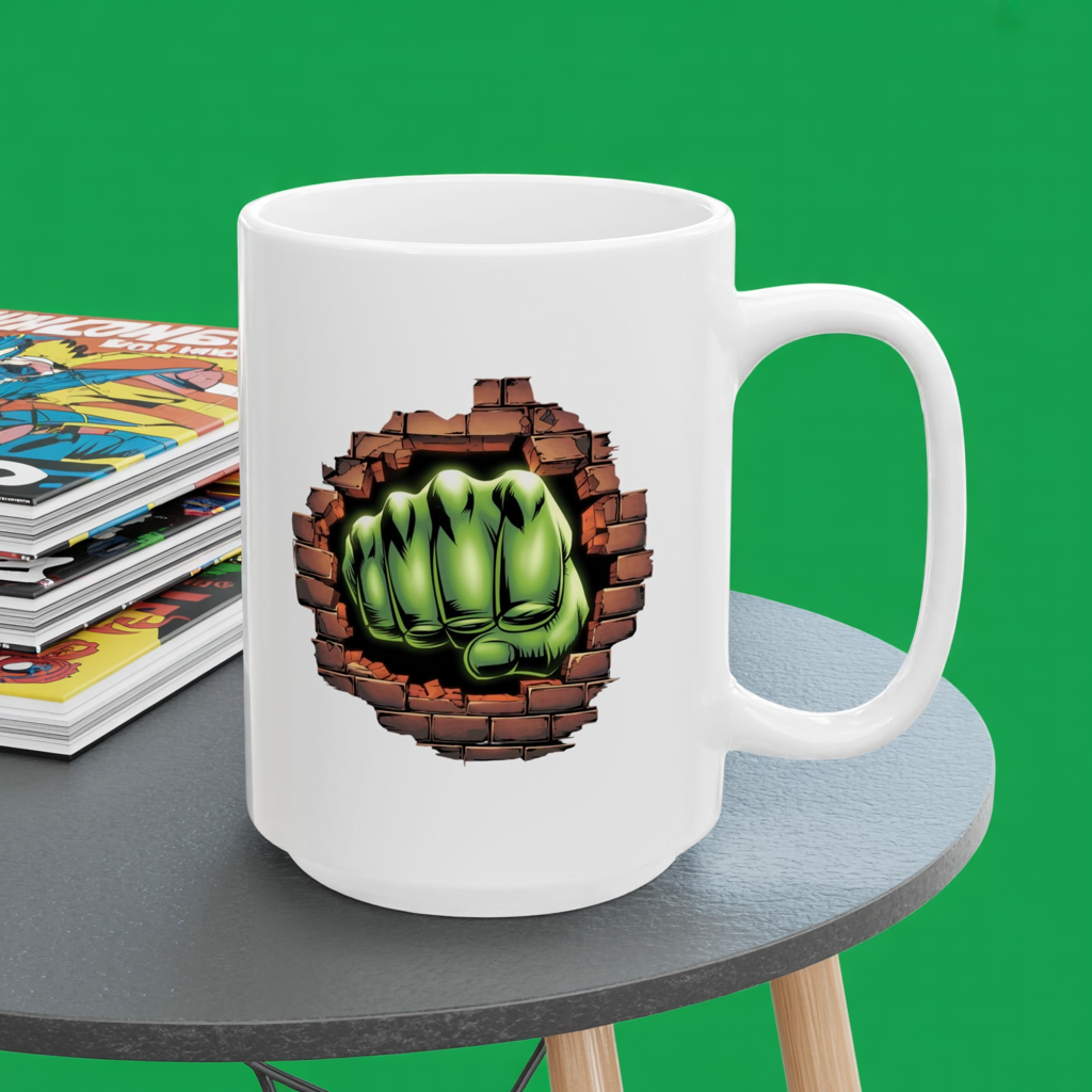 Smash Fist Mug – Green Fist Punching Through Wall Coffee Cup, Superhero Inspired Design, Dishwasher Safe, Funny Gift for Fans & Coffee Lovers