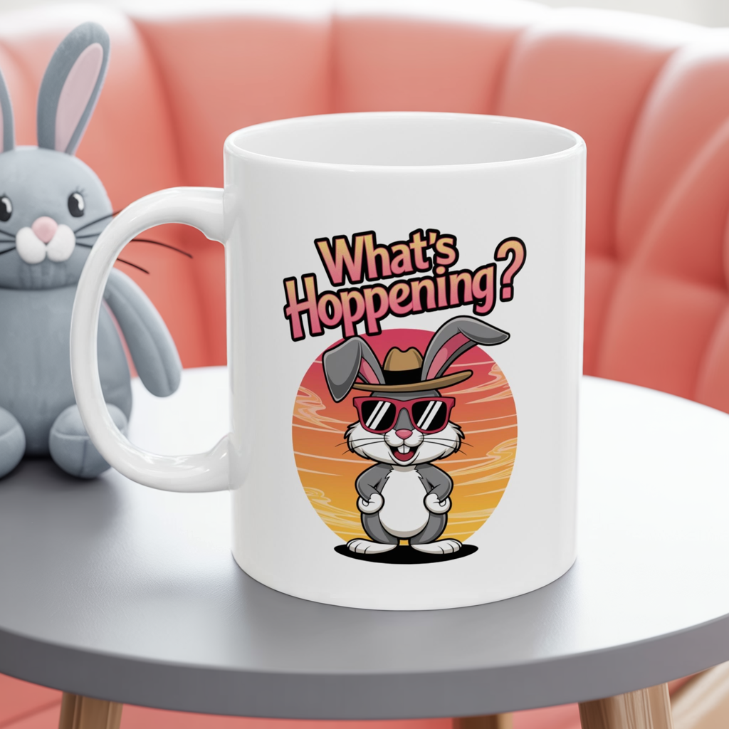 What’s Hoppening Funny Bunny Mug – Cute Rabbit Coffee Cup with Easter Pun, Dishwasher Safe Ceramic, Hilarious Gift for Animal Lovers & Friends