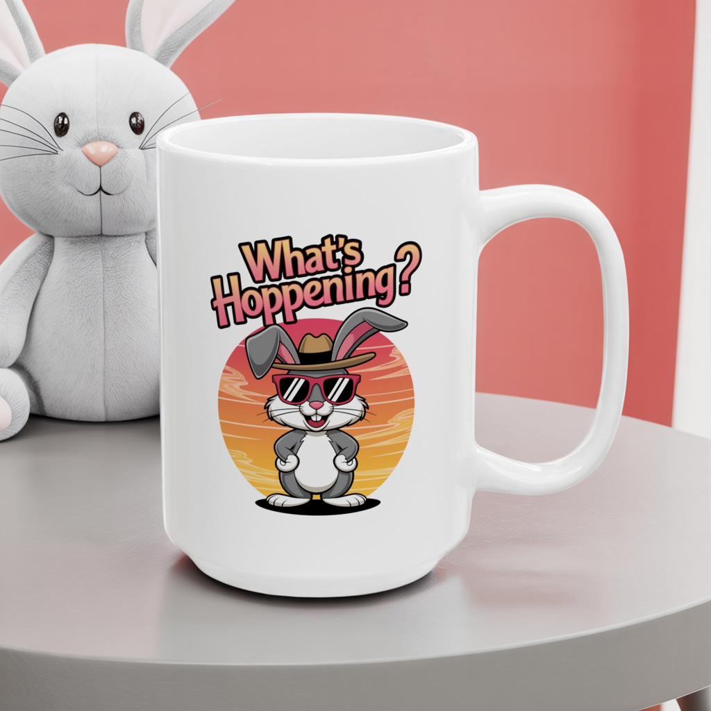 What’s Hoppening Funny Bunny Mug – Cute Rabbit Coffee Cup with Easter Pun, Dishwasher Safe Ceramic, Hilarious Gift for Animal Lovers & Friends