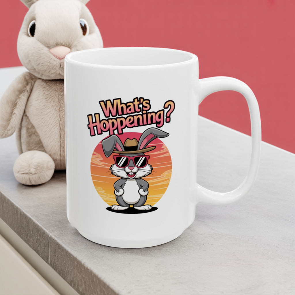What’s Hoppening Funny Bunny Mug – Cute Rabbit Coffee Cup with Easter Pun, Dishwasher Safe Ceramic, Hilarious Gift for Animal Lovers & Friends