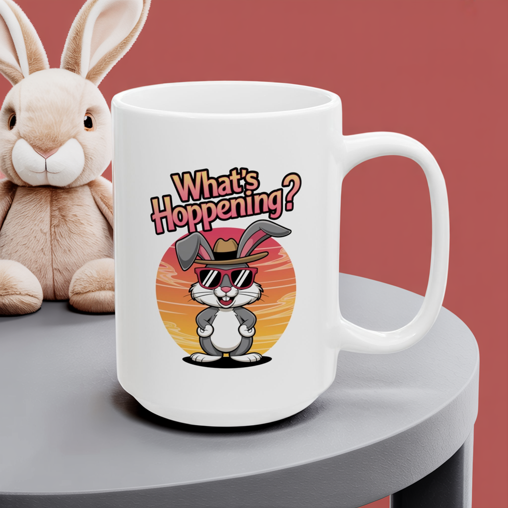 What’s Hoppening Funny Bunny Mug – Cute Rabbit Coffee Cup with Easter Pun, Dishwasher Safe Ceramic, Hilarious Gift for Animal Lovers & Friends
