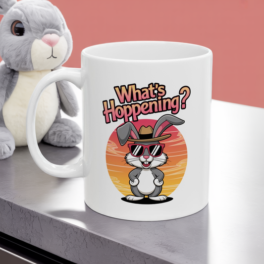 What’s Hoppening Funny Bunny Mug – Cute Rabbit Coffee Cup with Easter Pun, Dishwasher Safe Ceramic, Hilarious Gift for Animal Lovers & Friends