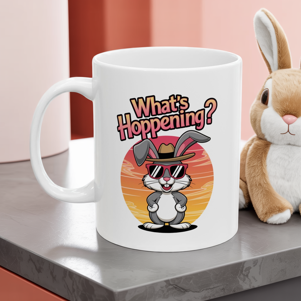 What’s Hoppening Funny Bunny Mug – Cute Rabbit Coffee Cup with Easter Pun, Dishwasher Safe Ceramic, Hilarious Gift for Animal Lovers & Friends