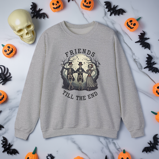 Friends Till The End Skeleton Sweatshirt | Dancing Skeletons Halloween Crewneck | Spooky Fall Graphic Pullover Gift for Bestie