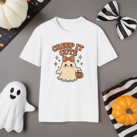 Creep It Cute Ghost Halloween Shirt - Kawaii Ghost Tee with Bow and Pumpkin, Spooky-Cute Fall Graphic T-Shirt, Spooky Season Halloween Top