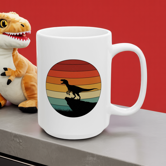 Retro Sunset Dinosaur Mug – Velociraptor Silhouette on Vintage Stripes, Jurassic Coffee Cup, Prehistoric Art Ceramic Mug, Dinosaur Lover Gift