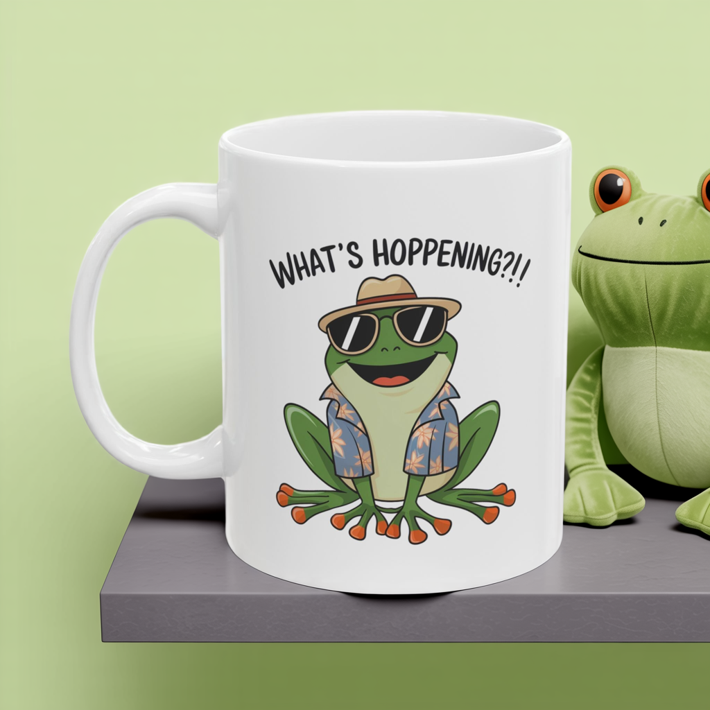 What’s Hoppening?! Frog Mug – Funny Tropical Frog in Hawaiian Shirt Coffee Cup, Cute Animal Ceramic Mug, Funky Gift for Frog Lovers