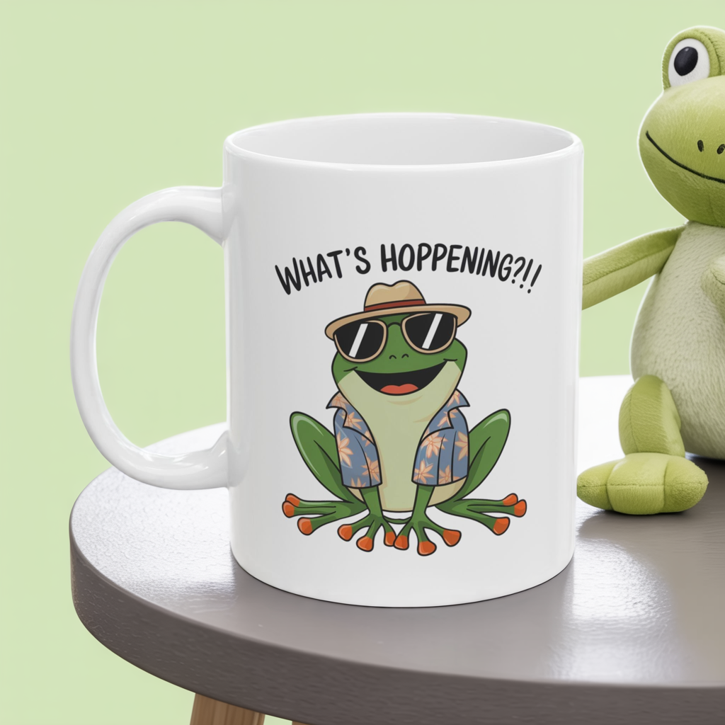 What’s Hoppening?! Frog Mug – Funny Tropical Frog in Hawaiian Shirt Coffee Cup, Cute Animal Ceramic Mug, Funky Gift for Frog Lovers