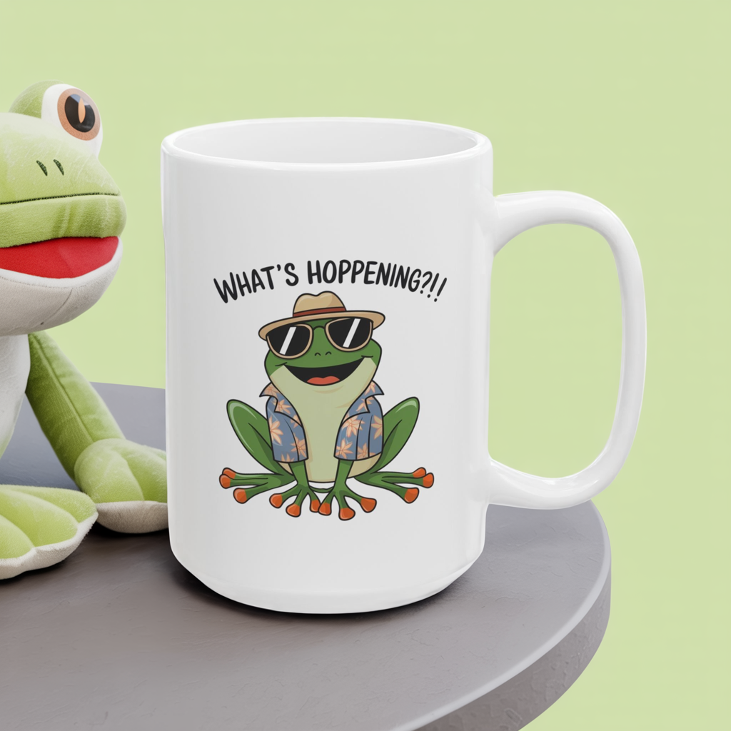 What’s Hoppening?! Frog Mug – Funny Tropical Frog in Hawaiian Shirt Coffee Cup, Cute Animal Ceramic Mug, Funky Gift for Frog Lovers