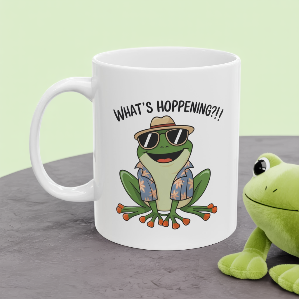What’s Hoppening?! Frog Mug – Funny Tropical Frog in Hawaiian Shirt Coffee Cup, Cute Animal Ceramic Mug, Funky Gift for Frog Lovers